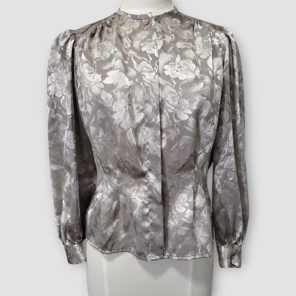 Vintage Blouse Amanda Smith Womens 8P Floral Silver Peplum Shimmer Dressy 80s